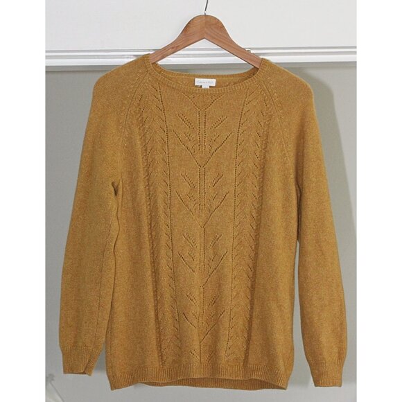 Garnet Hill - Women's 100% Cashmere Pointelle Crewneck in Mustard Yellow, Large - Picture 4 of 9